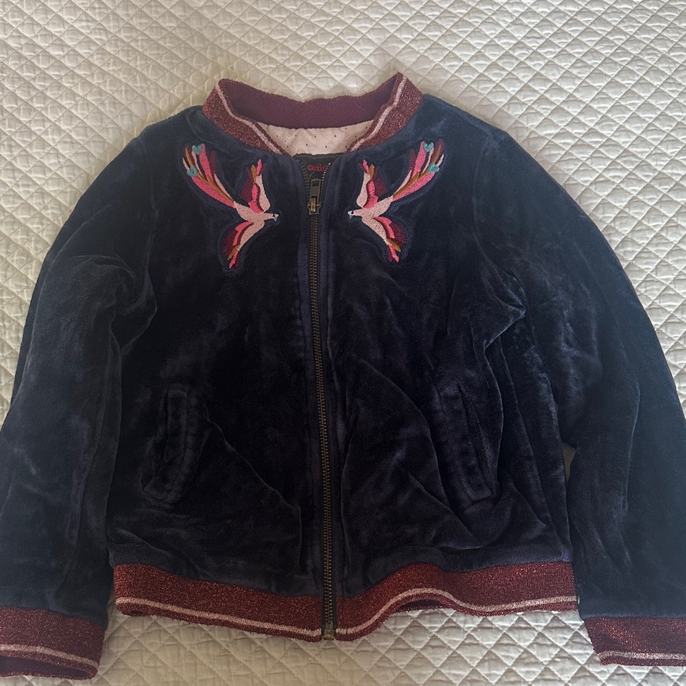 Catimini Navy Velvet Jacket with Red and Pink Embroidery